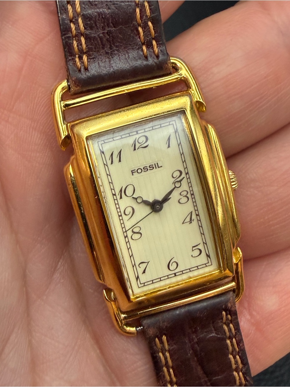 Vintage 90s Fossil Art Deco Tank Gold-Tone Watch / New Battery